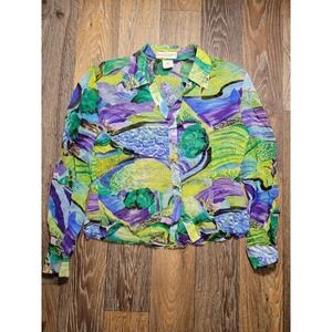 Griffith & Gray St John Womens 10 Silk Blouse Green Abstract Landscape Italy 10
